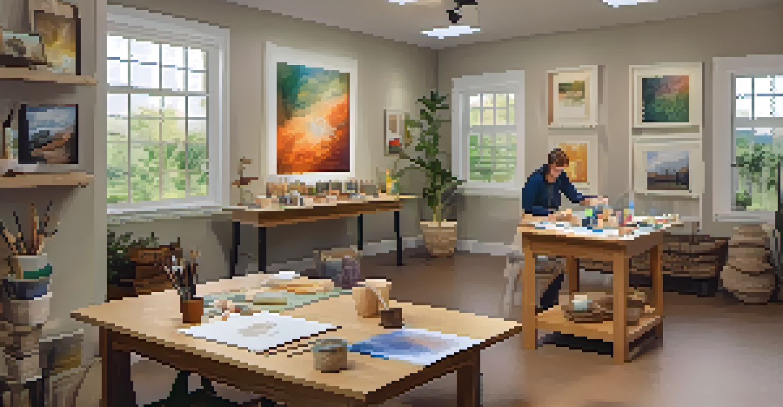 An indoor art therapy studio with soft lighting, featuring individuals painting, sculpting, and journaling in a cozy and inspiring environment.