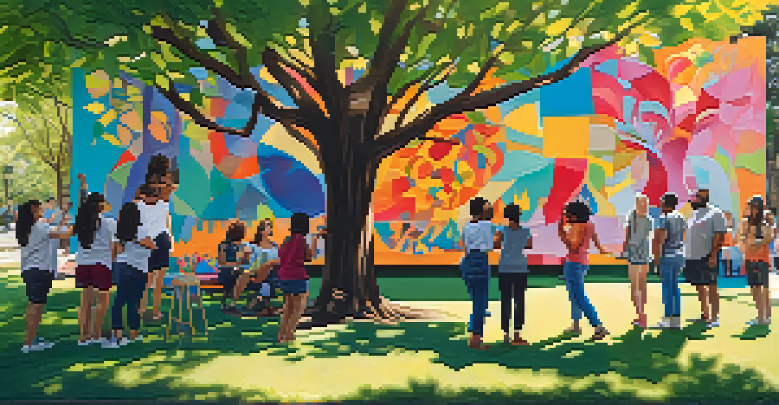 A diverse group of people collaborating on a large mural in a park, showcasing community and creativity.