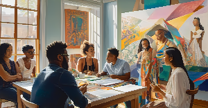 A cultural consultant discusses art with a diverse group of artists in a bright studio, surrounded by sketches and paintings.