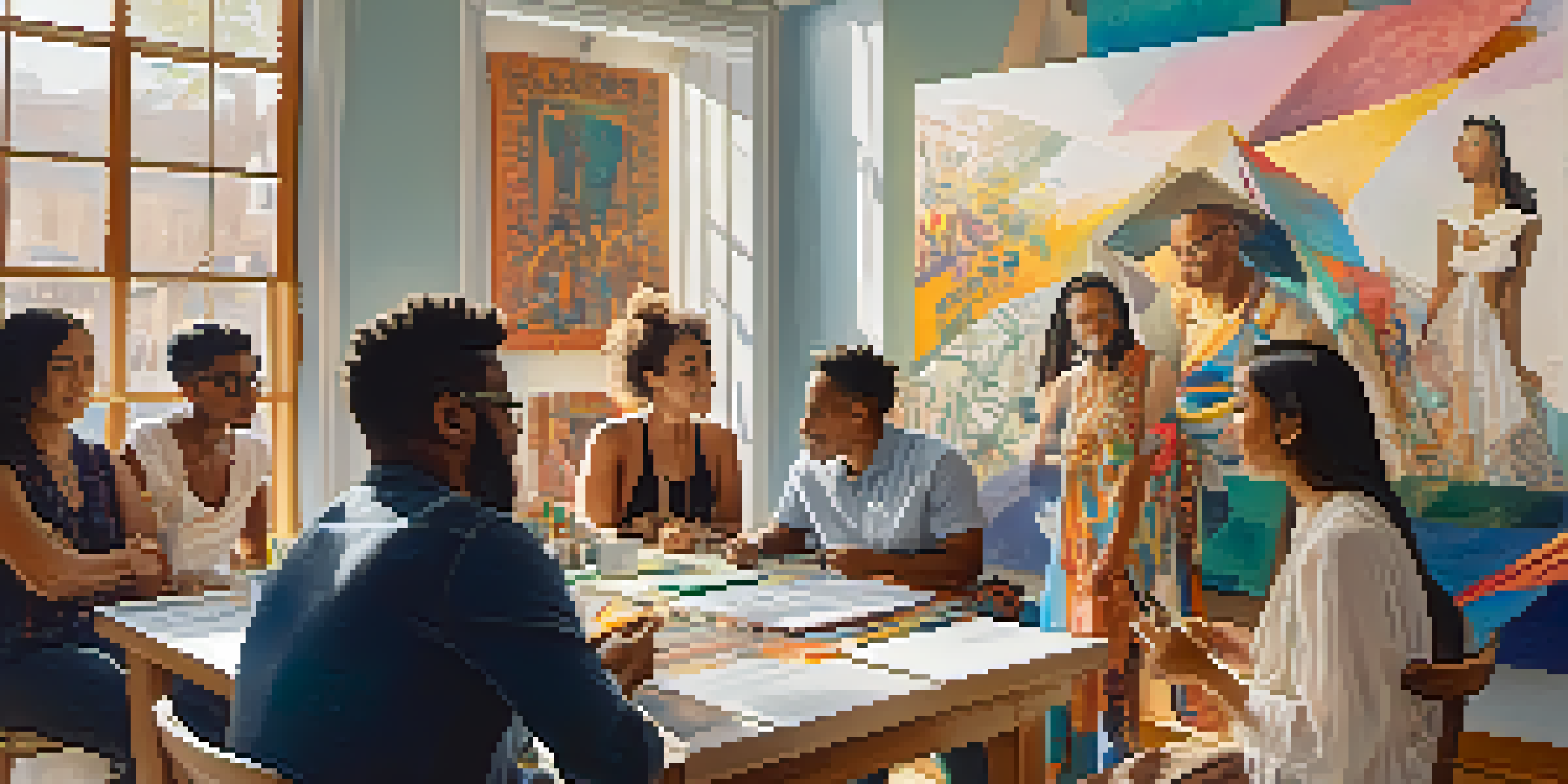 A cultural consultant discusses art with a diverse group of artists in a bright studio, surrounded by sketches and paintings.