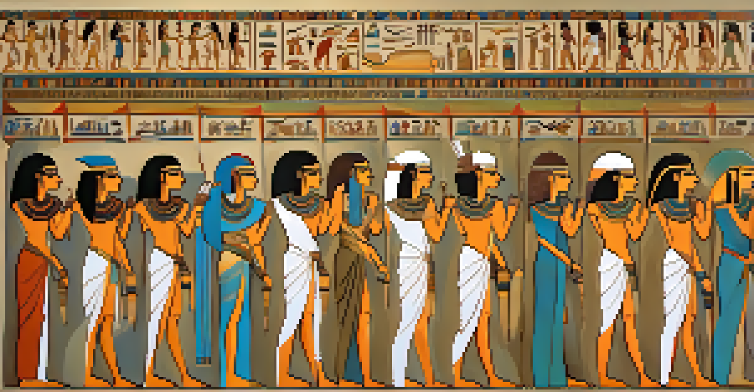 A timeline of Ancient Egyptian body representations showing evolution from rigid to naturalistic styles against a vibrant gradient background.