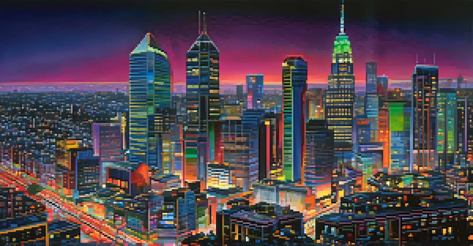 A colorful city skyline at night, filled with neon lights and busy streets.