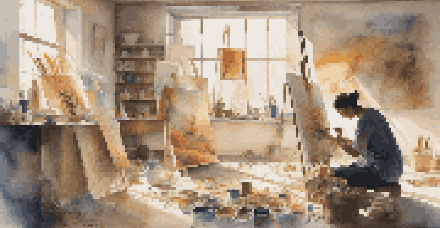 An artist in a studio painting a colorful canvas inspired by various cultures, with art supplies around and natural light filtering in.