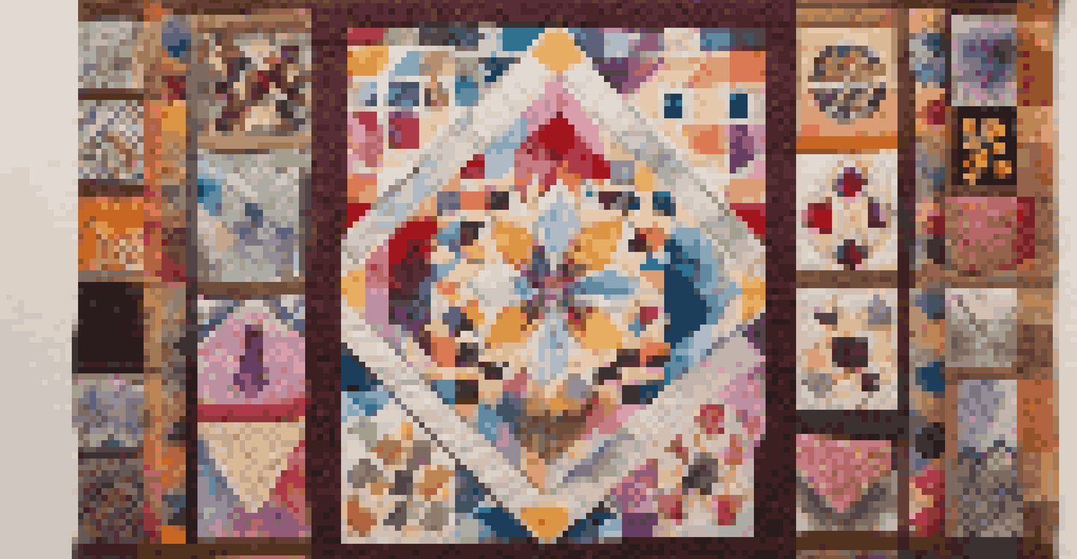 A close-up of a colorful quilt on a table, showcasing intricate stitching and cultural symbols, surrounded by art supplies.
