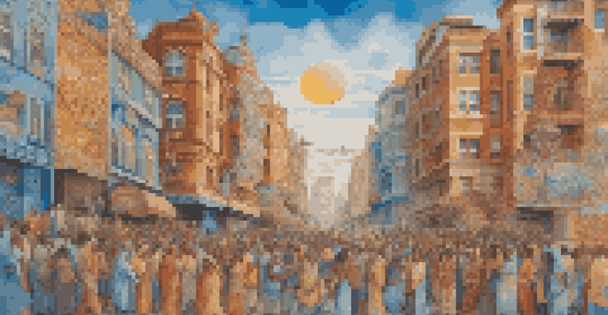 A colorful mural on a city wall featuring faces from different cultures, surrounded by decorative patterns, under a bright blue sky.