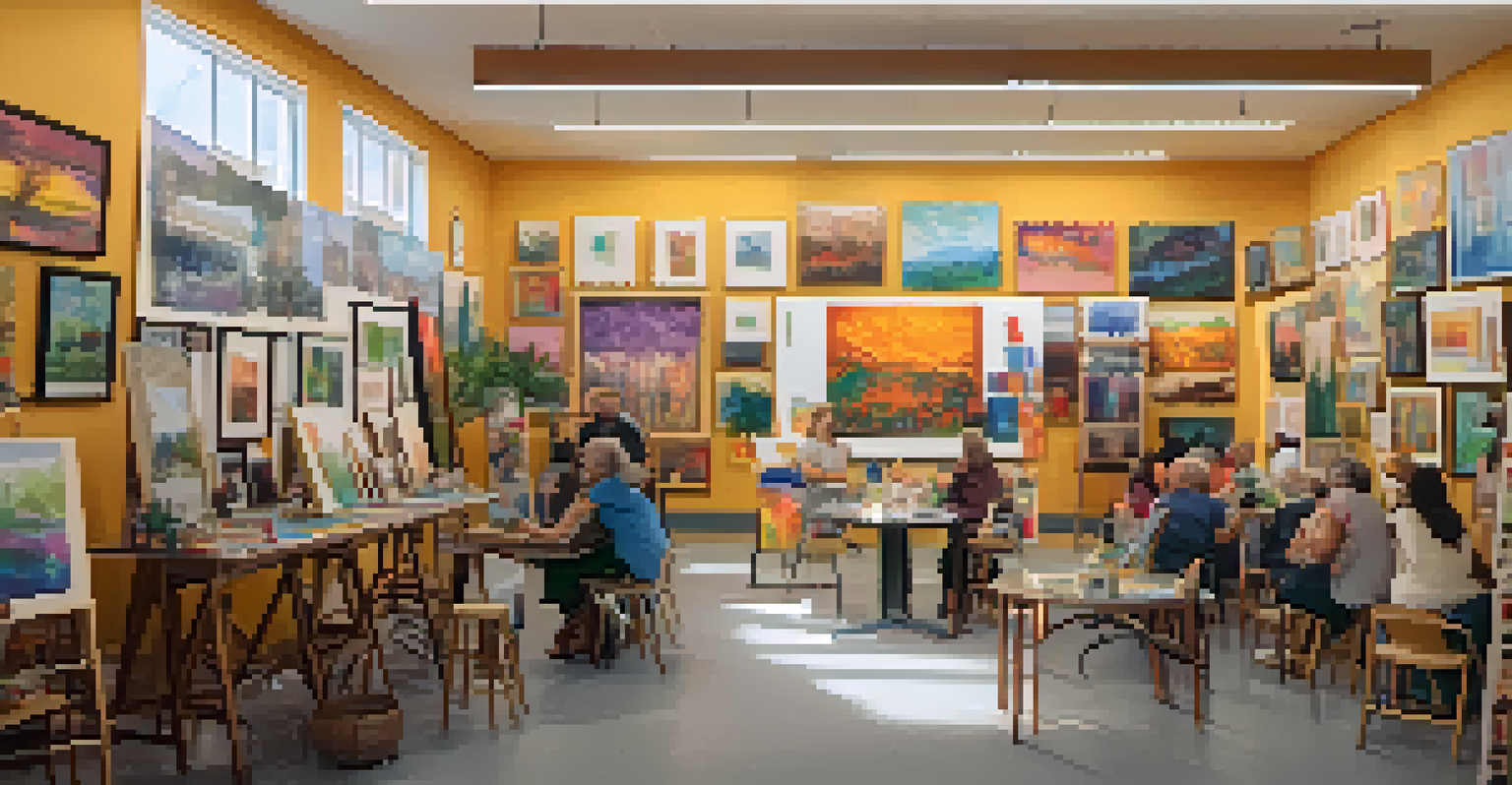 A community center art space filled with local artworks, where people of all ages are engaged in a creative workshop.