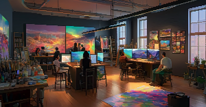 A lively art studio where diverse artists collaborate on projects, surrounded by colorful artworks and art supplies.