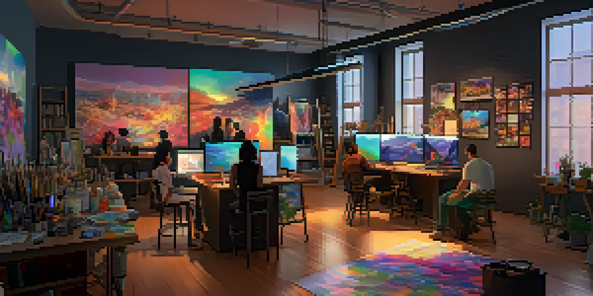 A lively art studio where diverse artists collaborate on projects, surrounded by colorful artworks and art supplies.