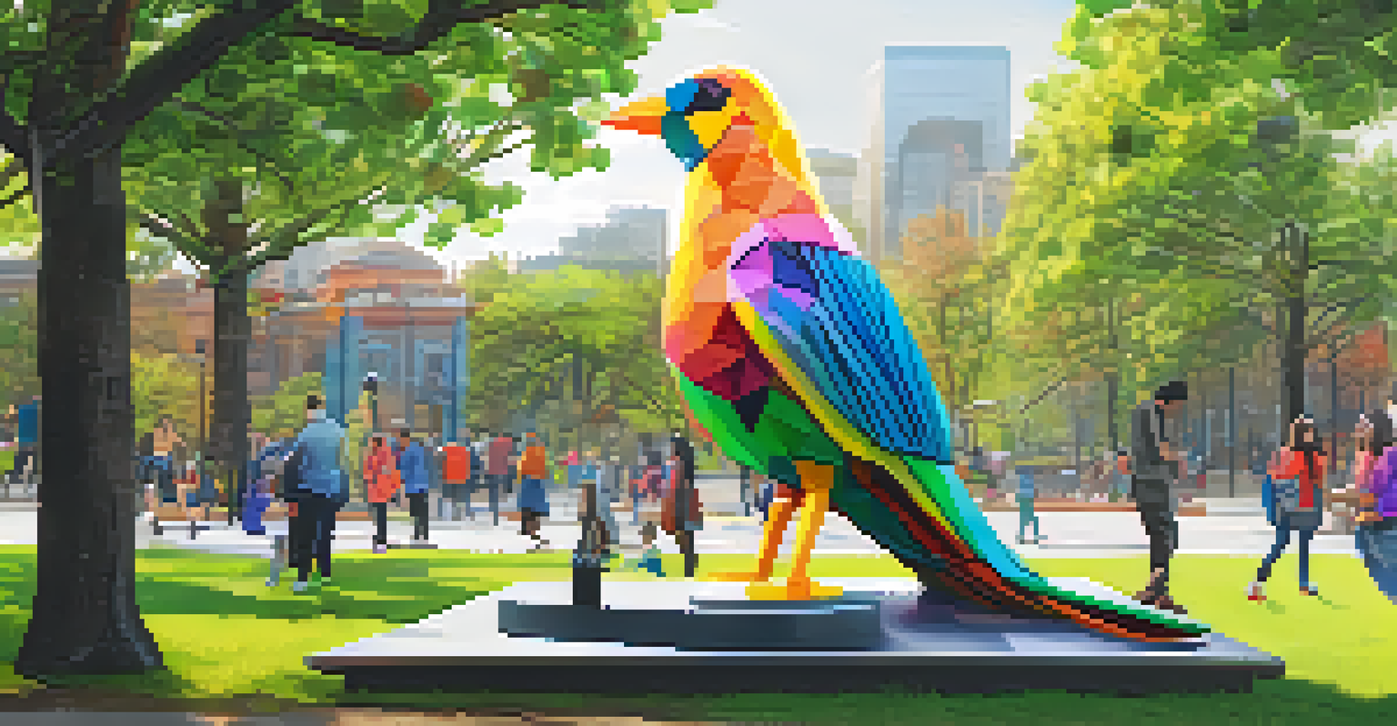 An interactive street art installation of a colorful bird in a park, with people using smartphones to interact with it.