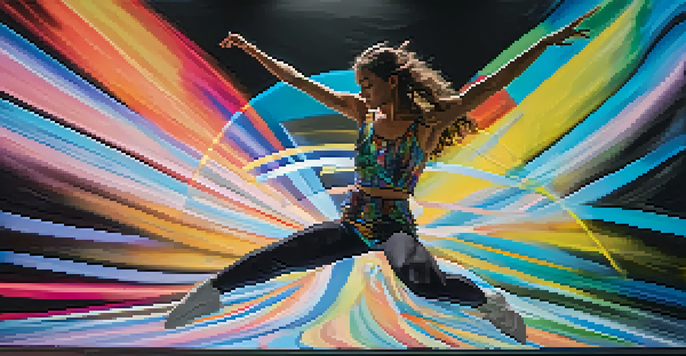 A dancer in motion with colorful digital projections and soft spotlights in the background, blending traditional and modern elements.