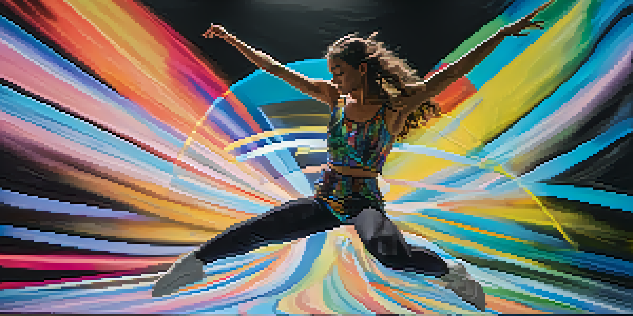 A dancer in motion with colorful digital projections and soft spotlights in the background, blending traditional and modern elements.