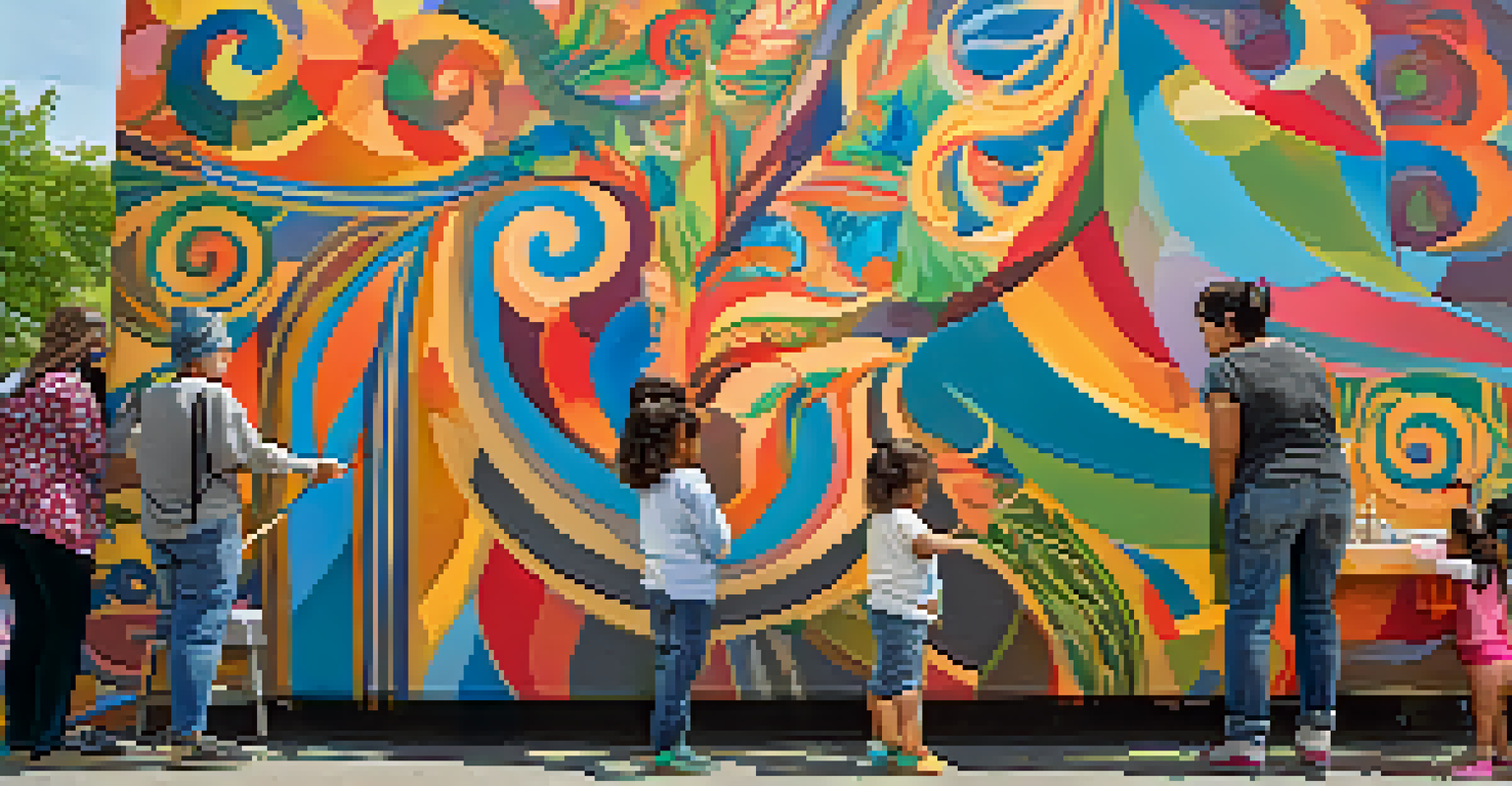 An artist painting a colorful mural at a community art festival, surrounded by diverse participants engaged in the collaborative art process.