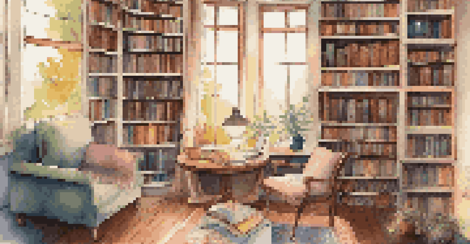 A cozy library reading nook with warm lighting, filled with books and a comfortable chair by a window.