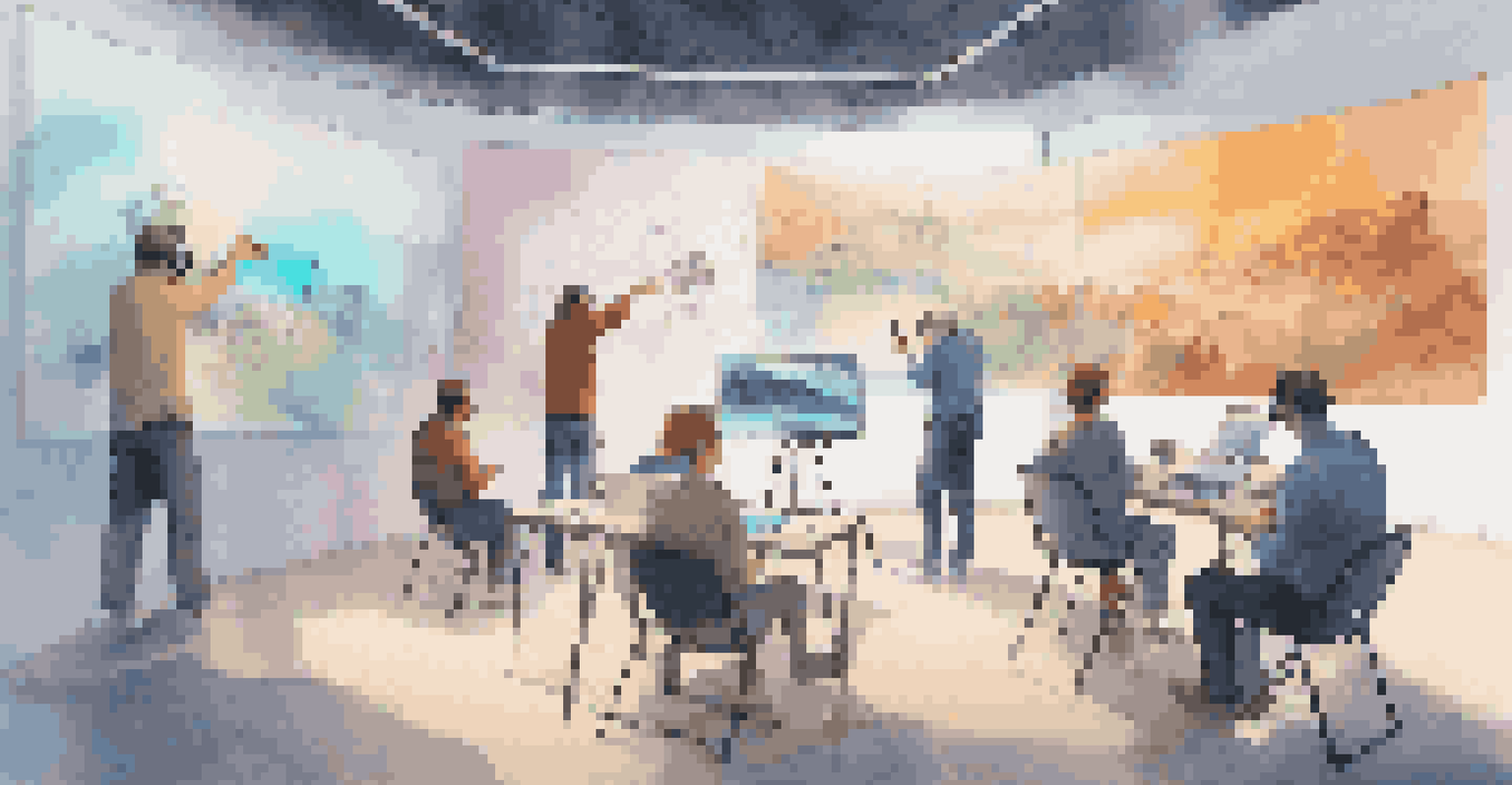 Artists collaborating around a virtual canvas in a vibrant VR space, sketching and brainstorming ideas.