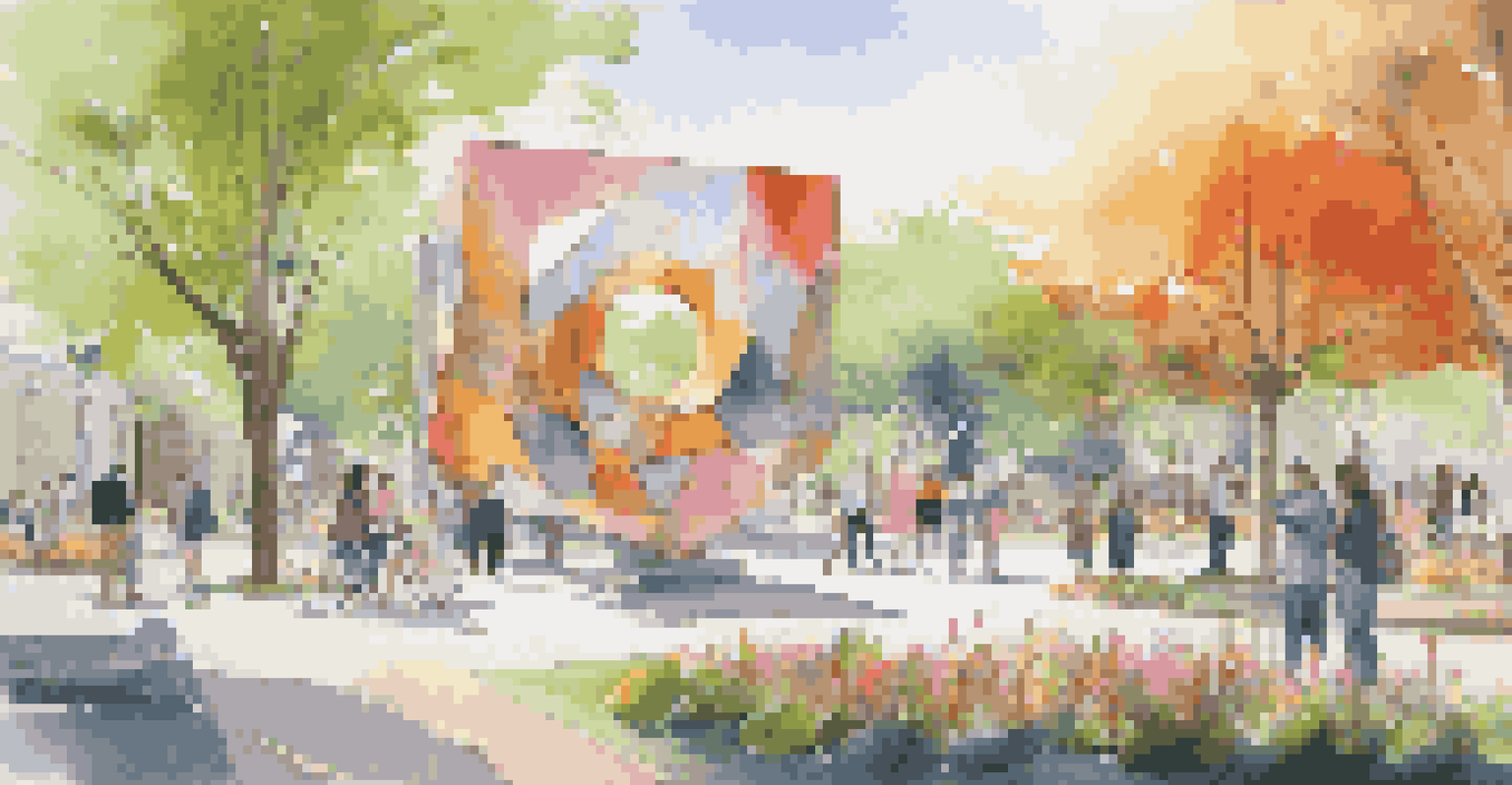 An interactive art installation in a park, with colorful sculptures and people interacting with the art.