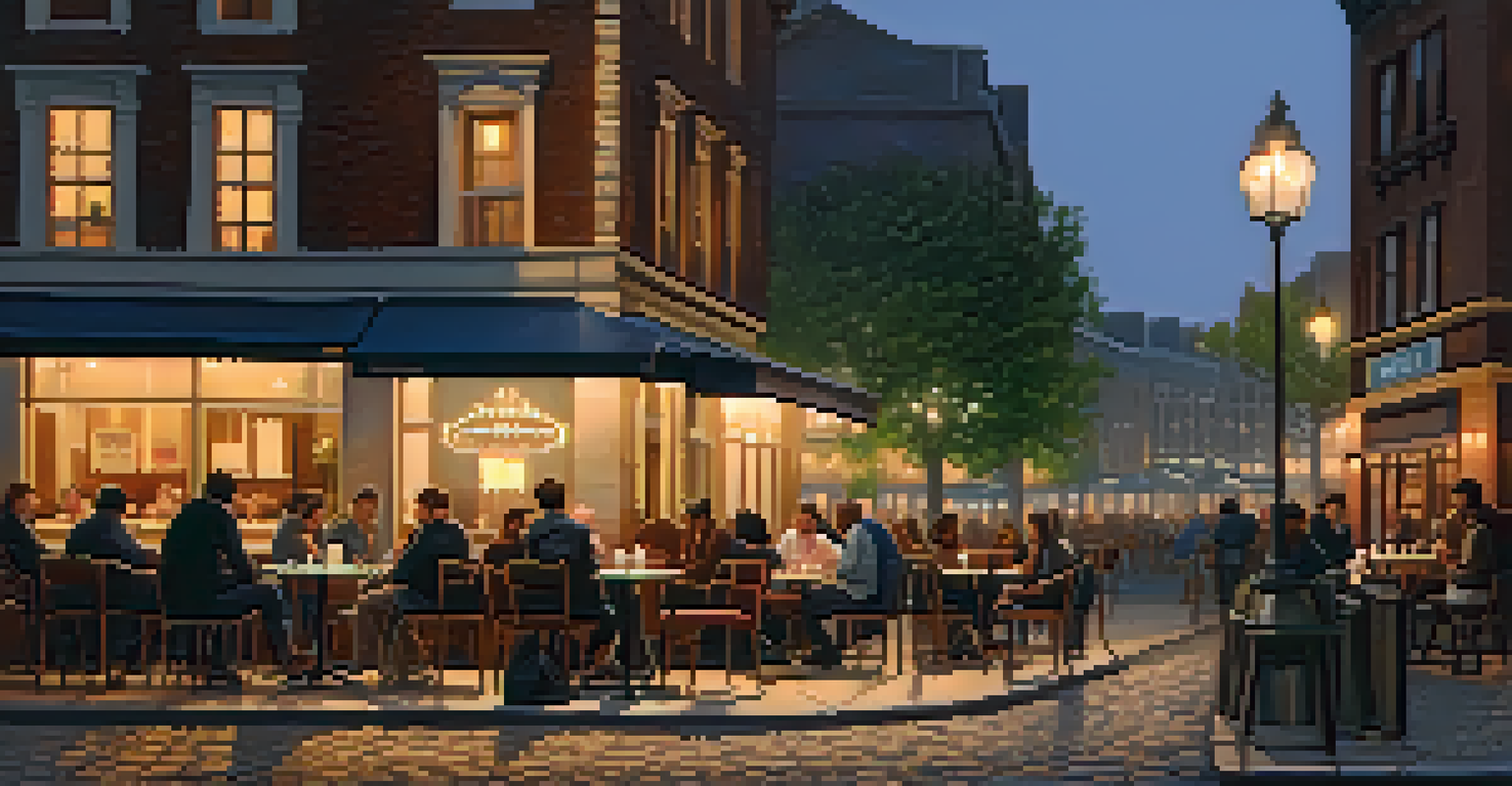 A lively café on an urban street at twilight, with patrons enjoying the evening and warm lights illuminating the scene.