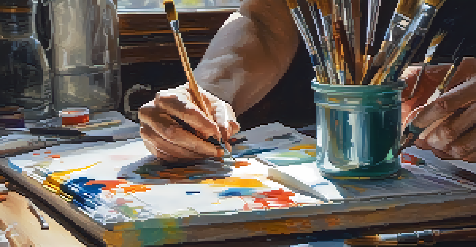 An artist's hands applying vibrant paint strokes to a canvas, surrounded by art supplies on a cluttered table, with natural light highlighting the textures.