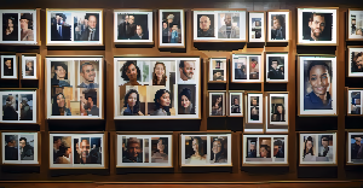 A public installation of large photographic portraits of diverse community members, arranged to tell a collective story under soft ambient lighting.