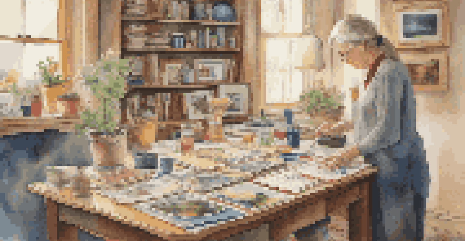 A woman creating a scrapbook in a warm, cozy indoor space filled with art supplies.