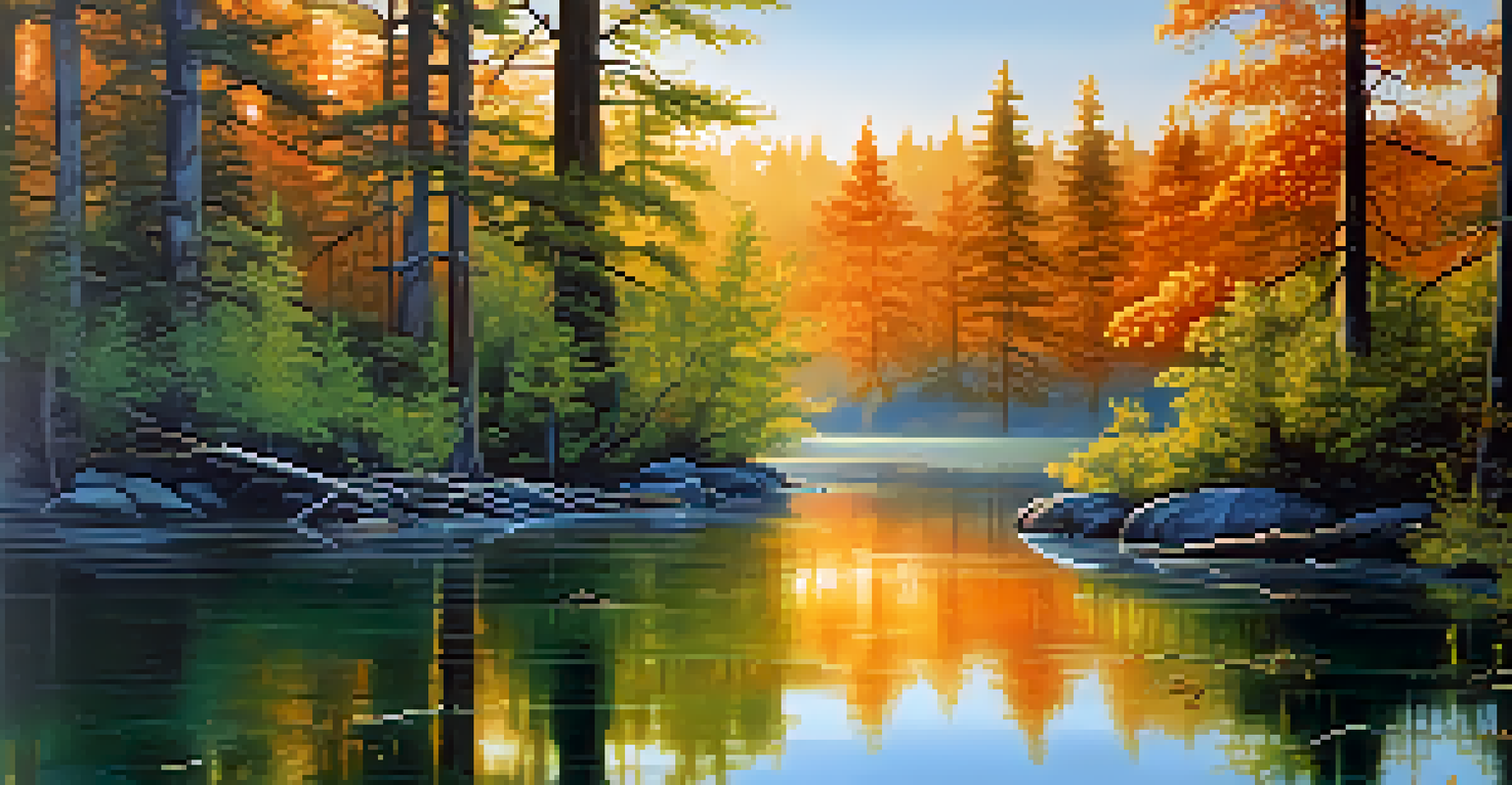 A peaceful landscape painting of a river in a forest at dawn, showcasing the beauty and interconnectedness of nature.