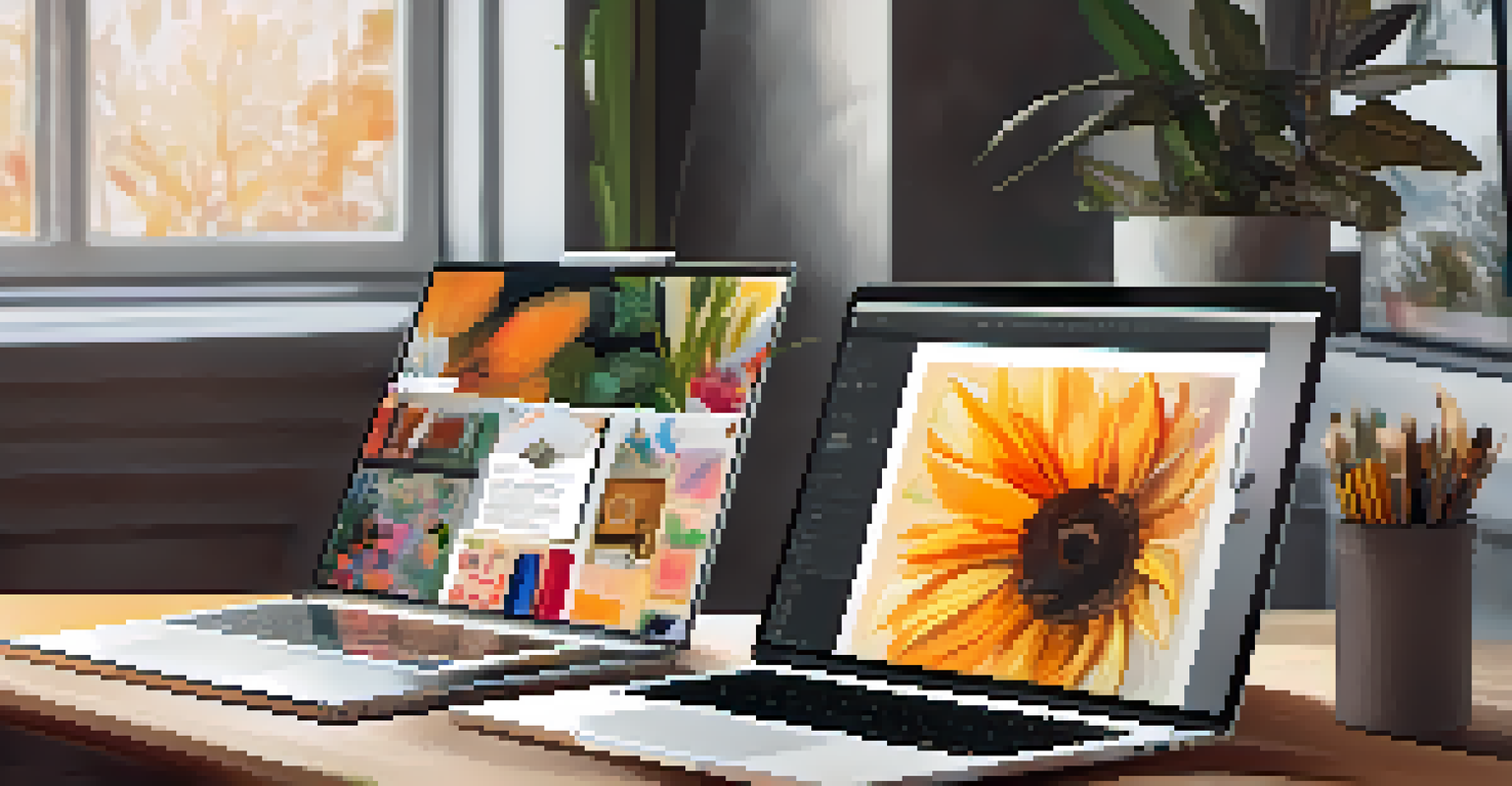 A digital portfolio displayed on a laptop, featuring a collection of colorful artworks in a cozy workspace.