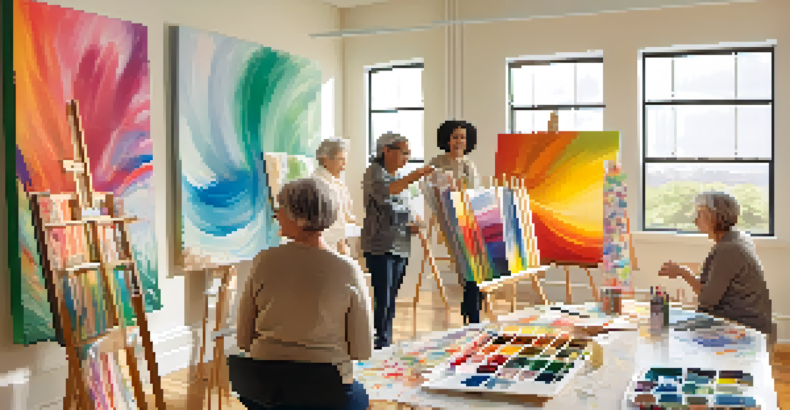 A group of individuals in an art therapy session, with a woman painting her cancer journey, surrounded by art supplies in a bright room with natural light.