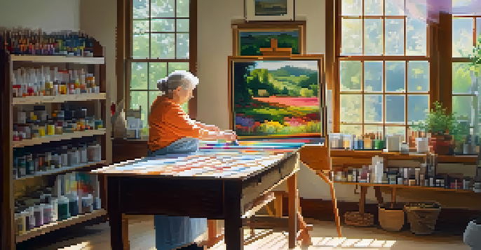 An elderly woman painting a colorful landscape in a bright art studio filled with natural light and art supplies.