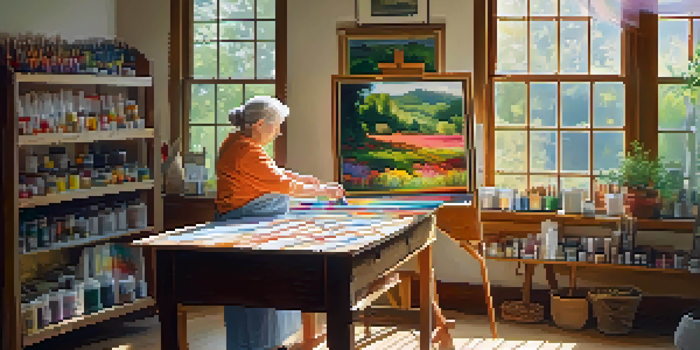 An elderly woman painting a colorful landscape in a bright art studio filled with natural light and art supplies.