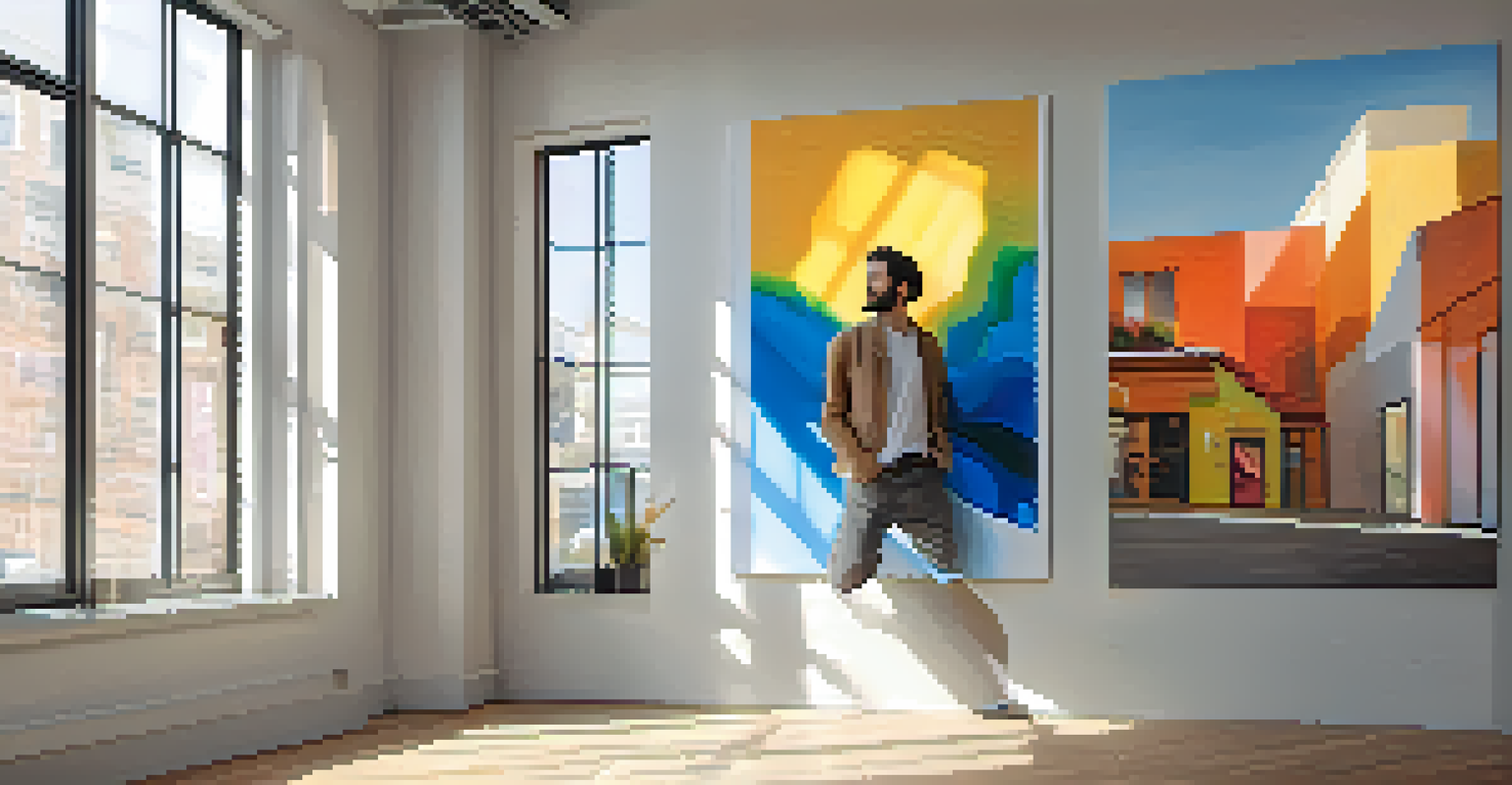 An artist working on a graphic tablet in a bright gallery filled with digital prints, illuminated by natural light.