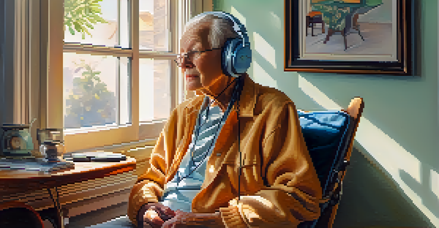 An elderly person listening to music with headphones, looking serene in a light-filled room.