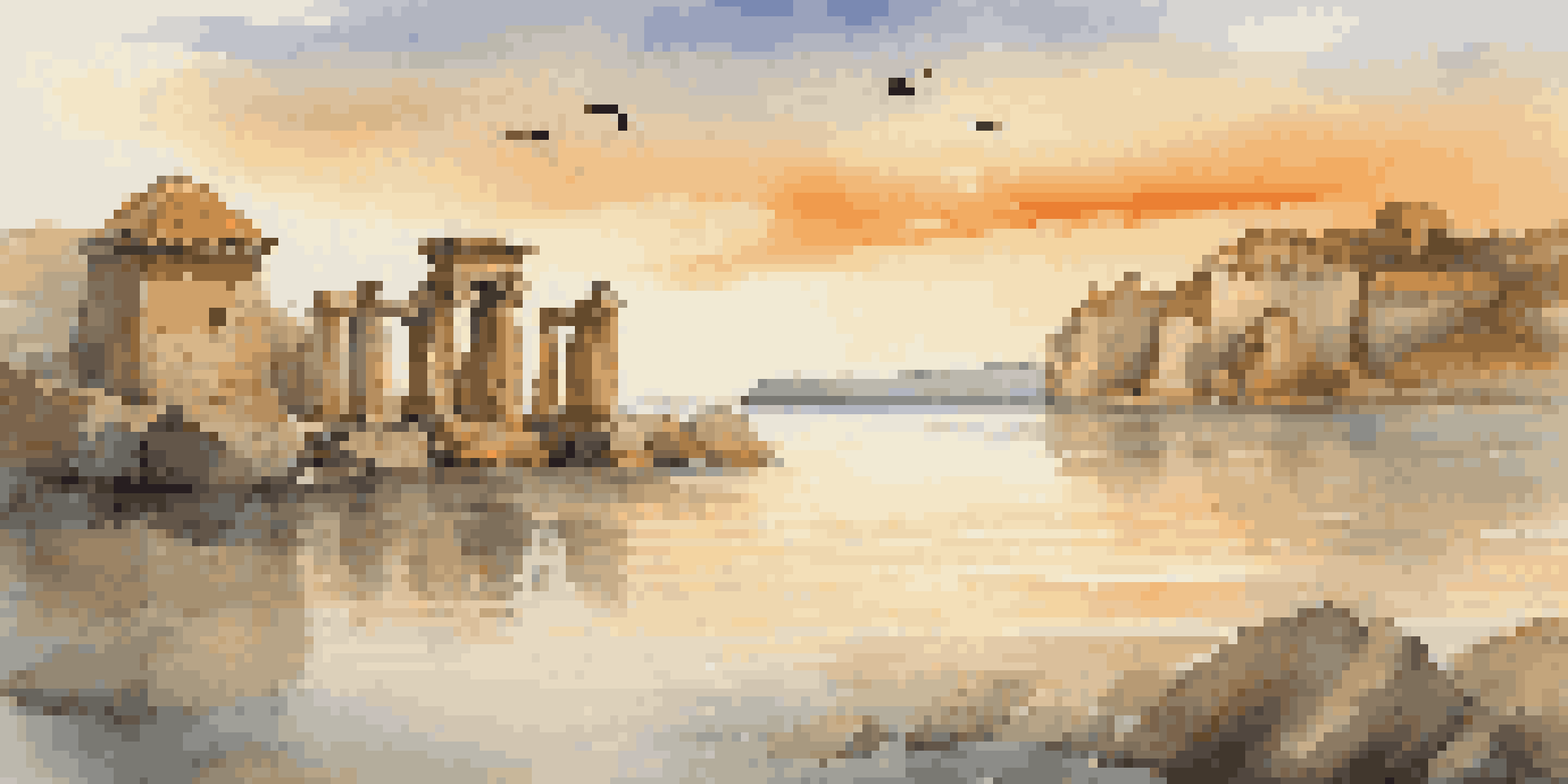A coastal heritage site at sunset, with ancient stone structures partially submerged in calm waters, surrounded by lush vegetation and a flock of birds in the background.