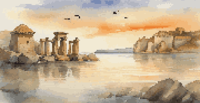 A coastal heritage site at sunset, with ancient stone structures partially submerged in calm waters, surrounded by lush vegetation and a flock of birds in the background.