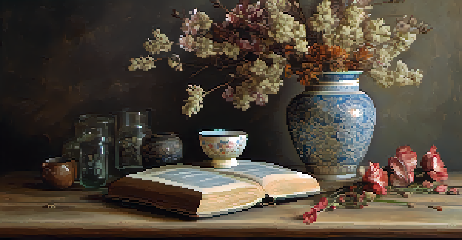 A still life of an aged ceramic vase with dried flowers on a rustic wooden table, with scattered petals and an old book.