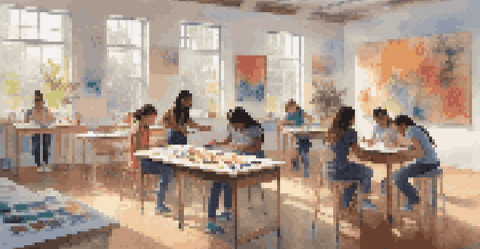 A bright art classroom where diverse teenagers are engaging in creative activities like painting, sculpting, and playing music, with colorful art supplies around.