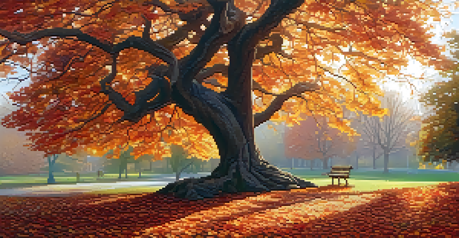 A weathered tree with colorful autumn leaves in a serene park, illuminated by soft sunlight.