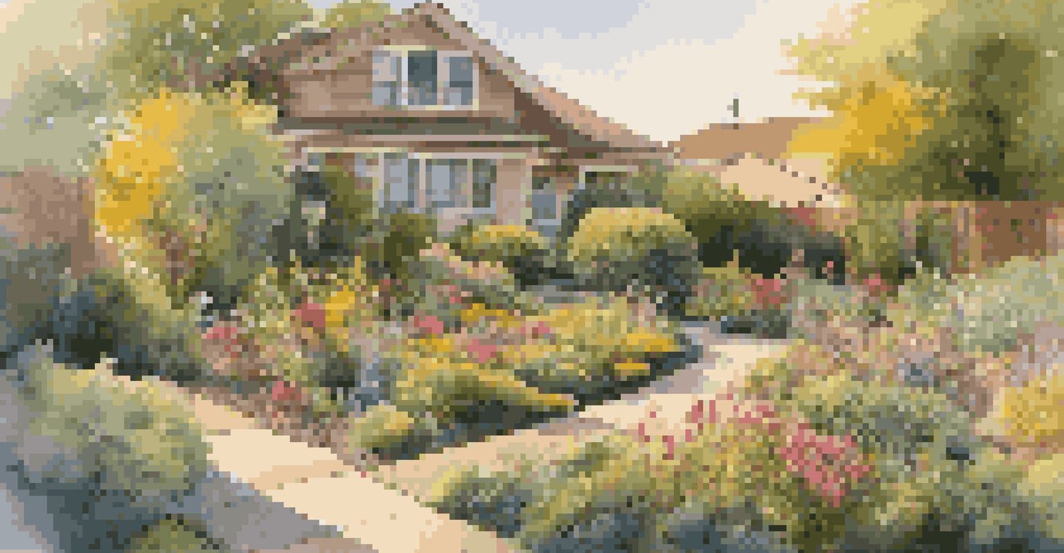 A landscaped garden with colorful flowers and an outdoor art installation, illuminated by evening light.