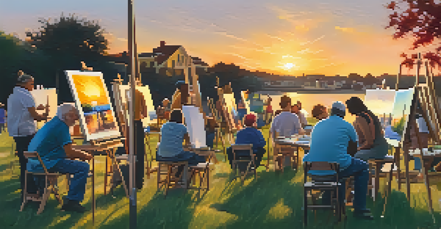 An outdoor art workshop with diverse participants creating art together, surrounded by easels and colorful paintings.