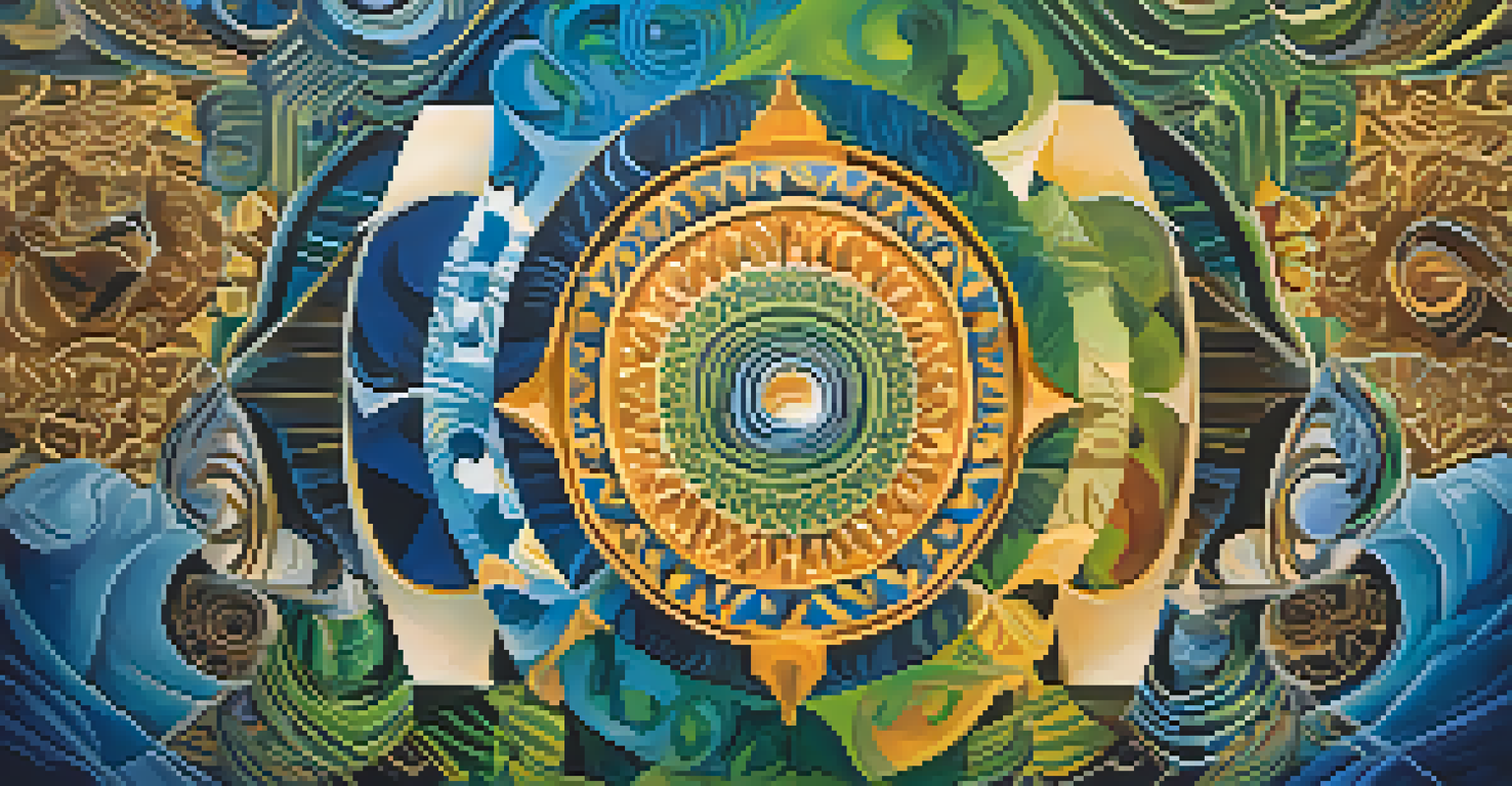 An abstract digital artwork representing the fusion of cultural identities with vibrant patterns and symbols.