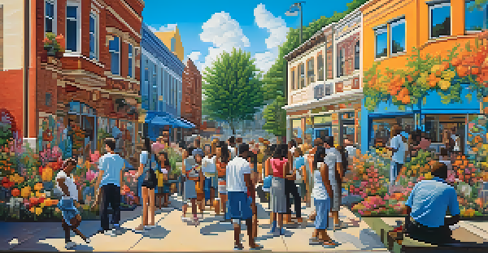 A lively mural showcasing a diverse community engaged in activities, surrounded by colorful flowers and trees, illuminated by afternoon sunlight.