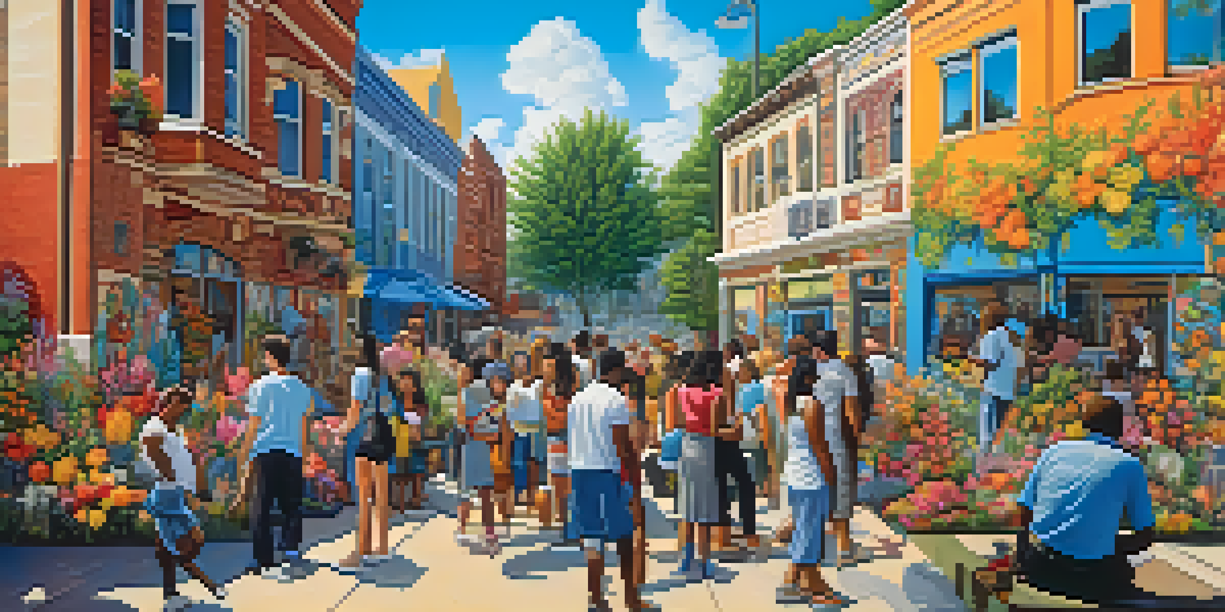 A lively mural showcasing a diverse community engaged in activities, surrounded by colorful flowers and trees, illuminated by afternoon sunlight.