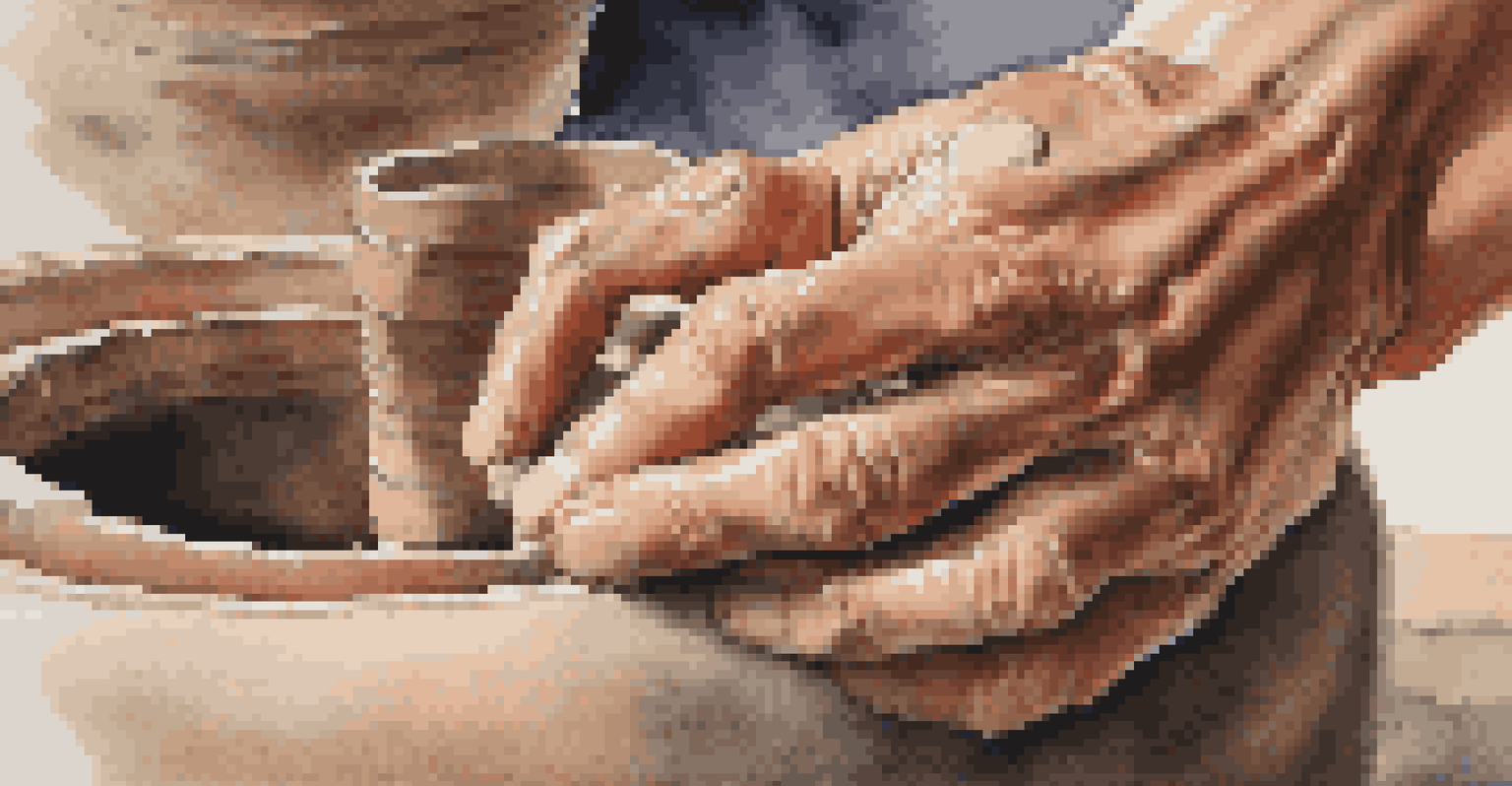 Close-up of hands shaping clay on a pottery wheel in a tranquil setting, with soft lighting highlighting the scene.
