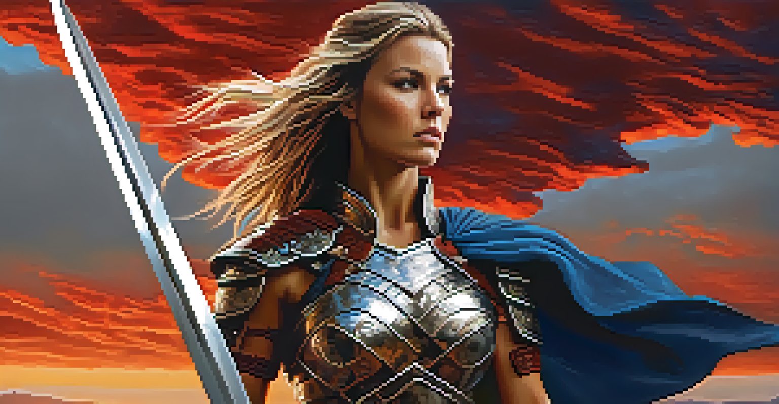 A fierce woman in armor raises her sword, standing confidently under a dramatic sky, symbolizing strength and independence.