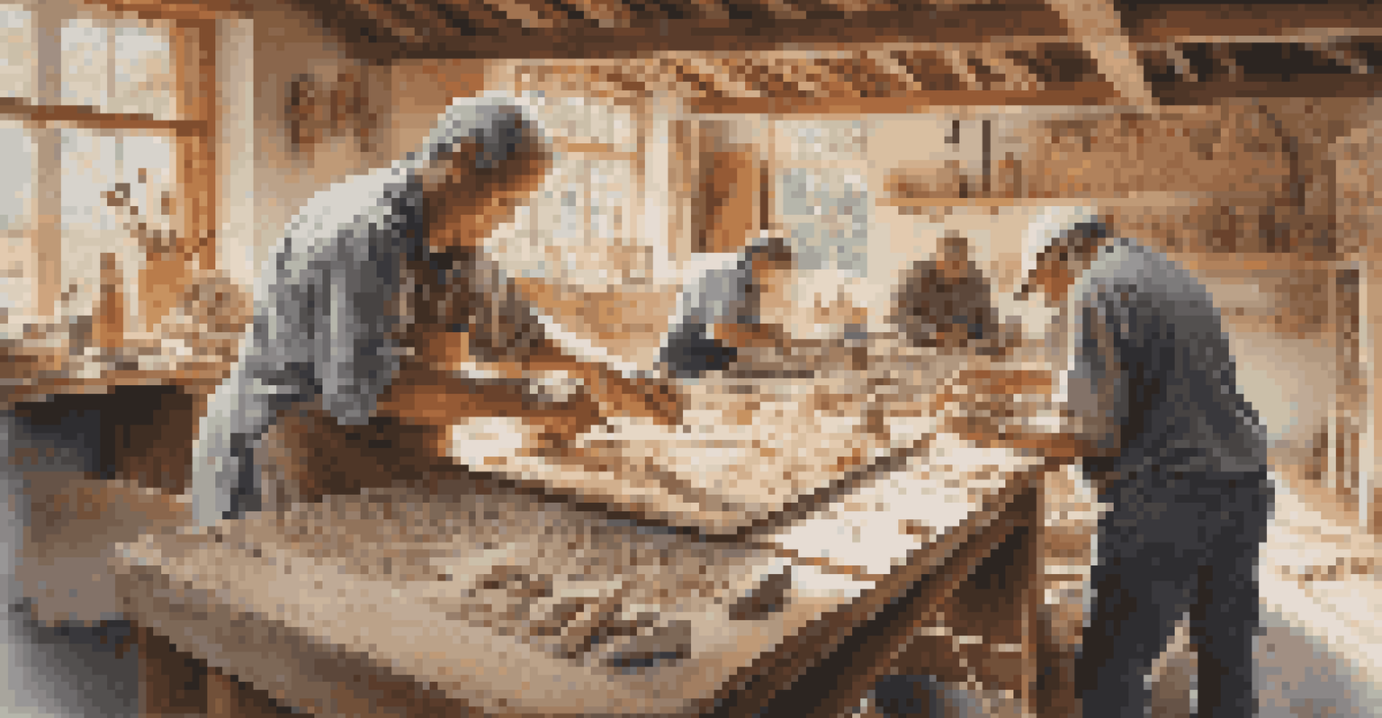 A community workshop with artisans restoring traditional artifacts, focusing on hands at work with tools and materials, illuminated by natural light.