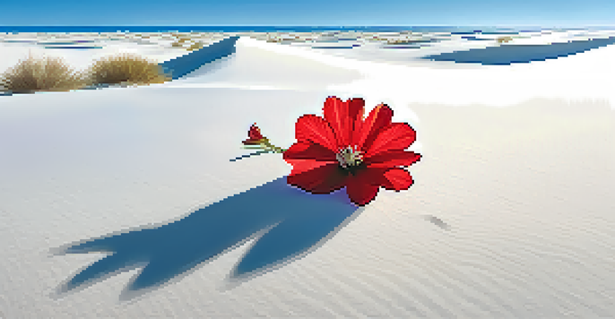 A single bright red flower in a vast white sand desert, surrounded by empty space and a clear blue sky.