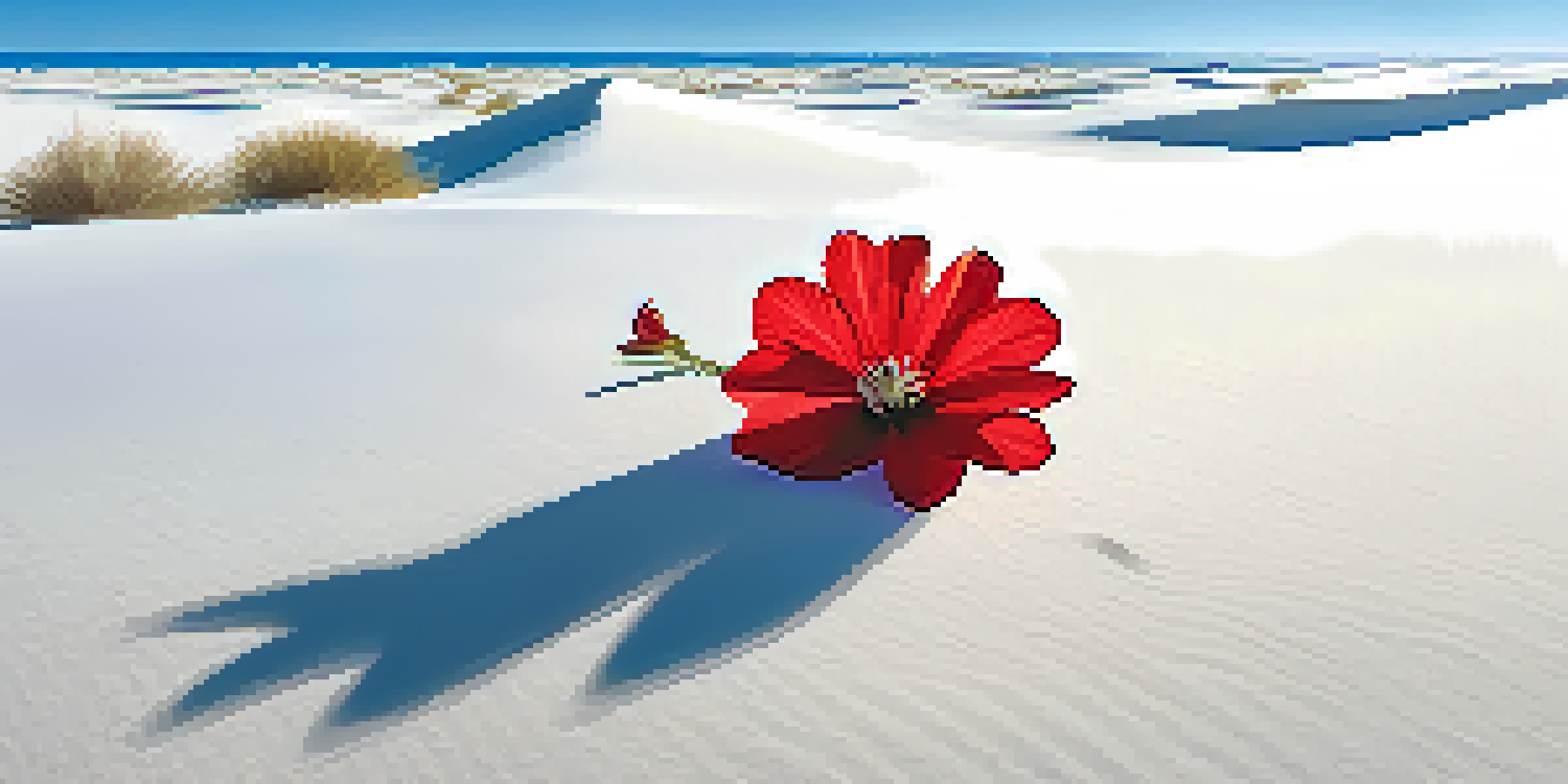 A single bright red flower in a vast white sand desert, surrounded by empty space and a clear blue sky.