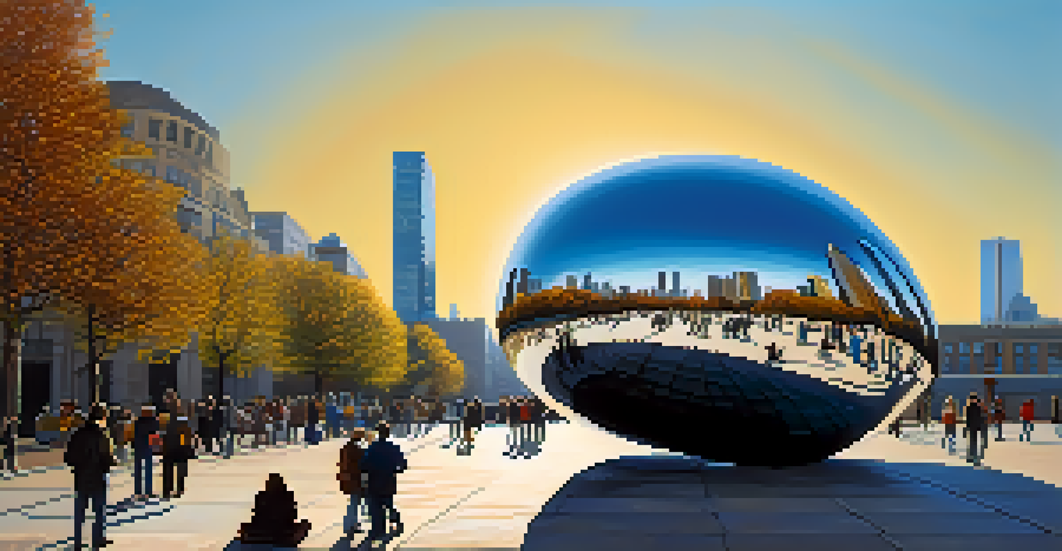 A giant reflective bean sculpture with a city skyline in the background, filled with people enjoying the site.
