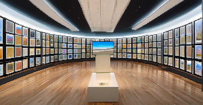 A modern digital archive room with shelves of digital screens displaying art, illuminated by soft lighting.
