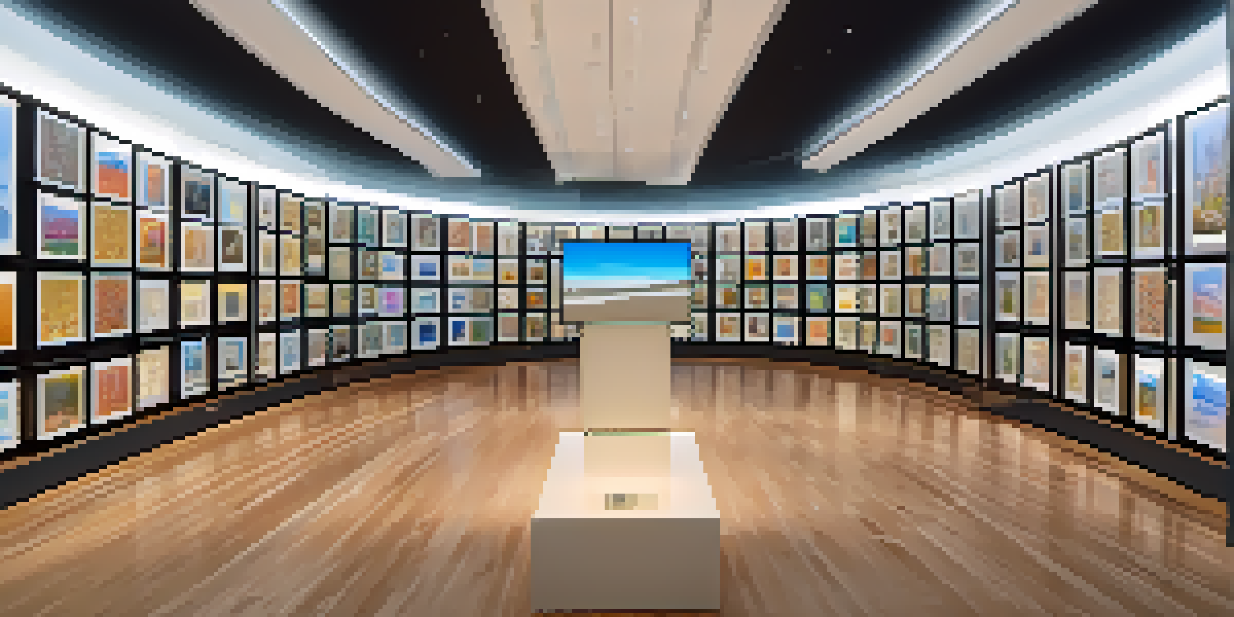 A modern digital archive room with shelves of digital screens displaying art, illuminated by soft lighting.