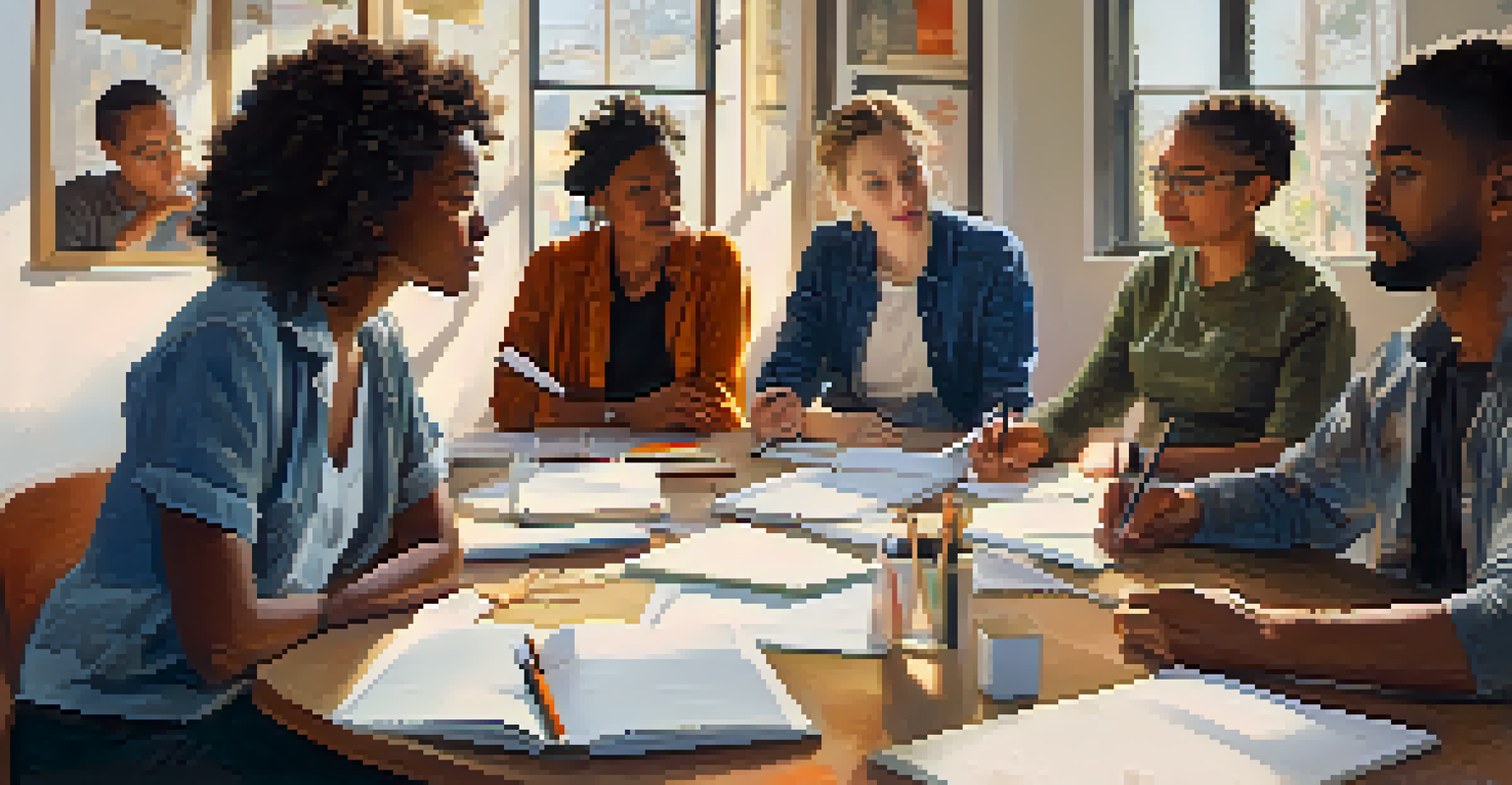 A creative writing workshop with diverse participants sitting in a circle, discussing with notebooks and a whiteboard in a warm setting.