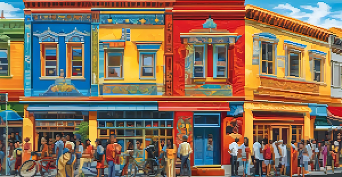 A colorful mural showcasing a community's history and culture, with people admiring it on a sunny street.